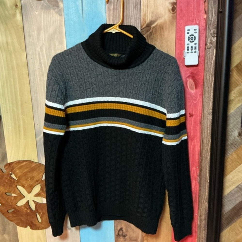 Bugatti Black and Gray Turtleneck Sweater with Stripes​